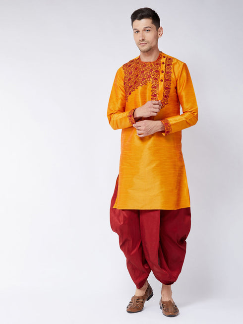 Vastramay Men's Orange And Maroon Silk Blend Kurta and Dhoti Set